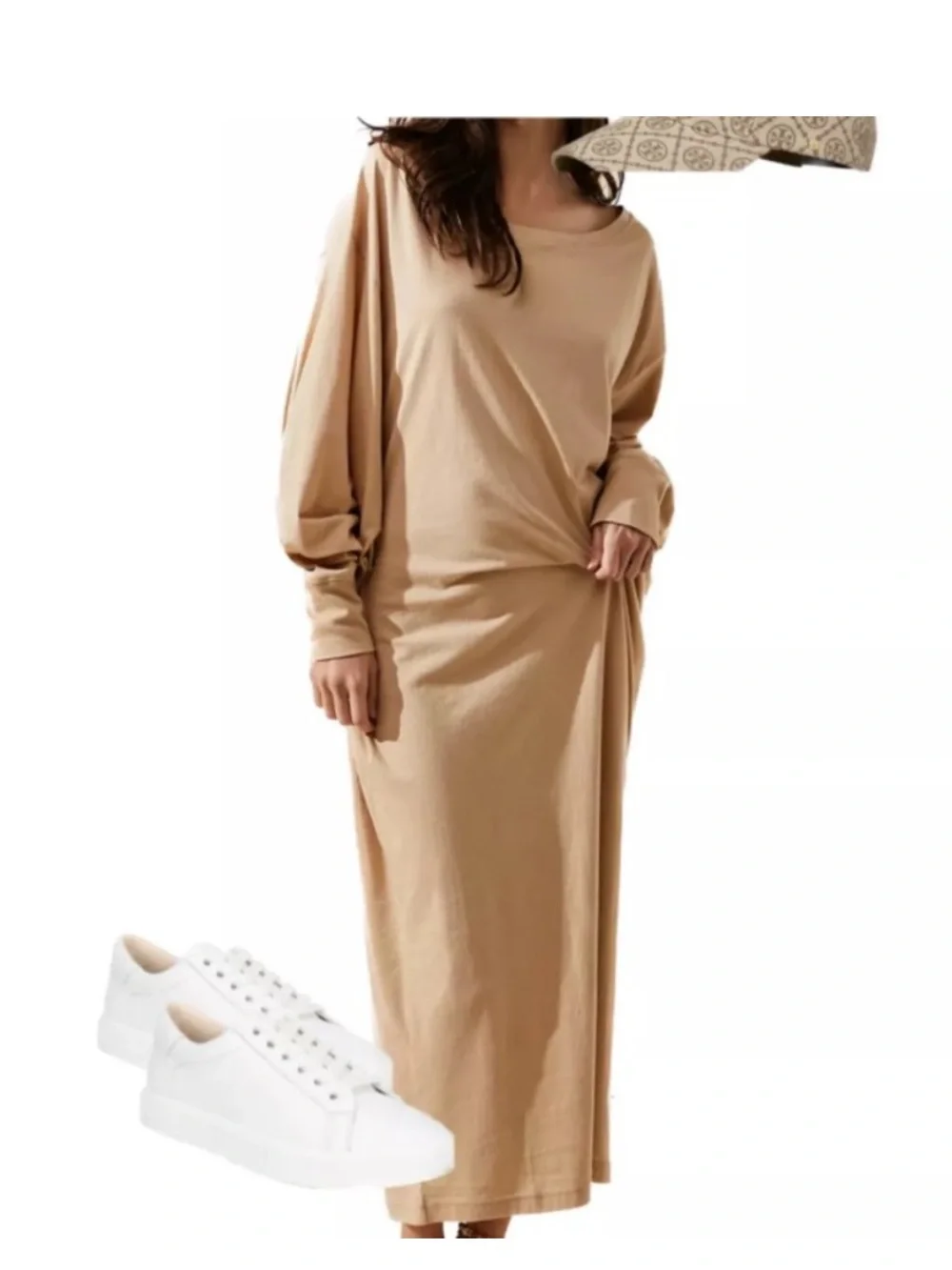 Free People Beach Lifestyle Off Shoulder Relaxed Maxi Dress Peach Tan Small